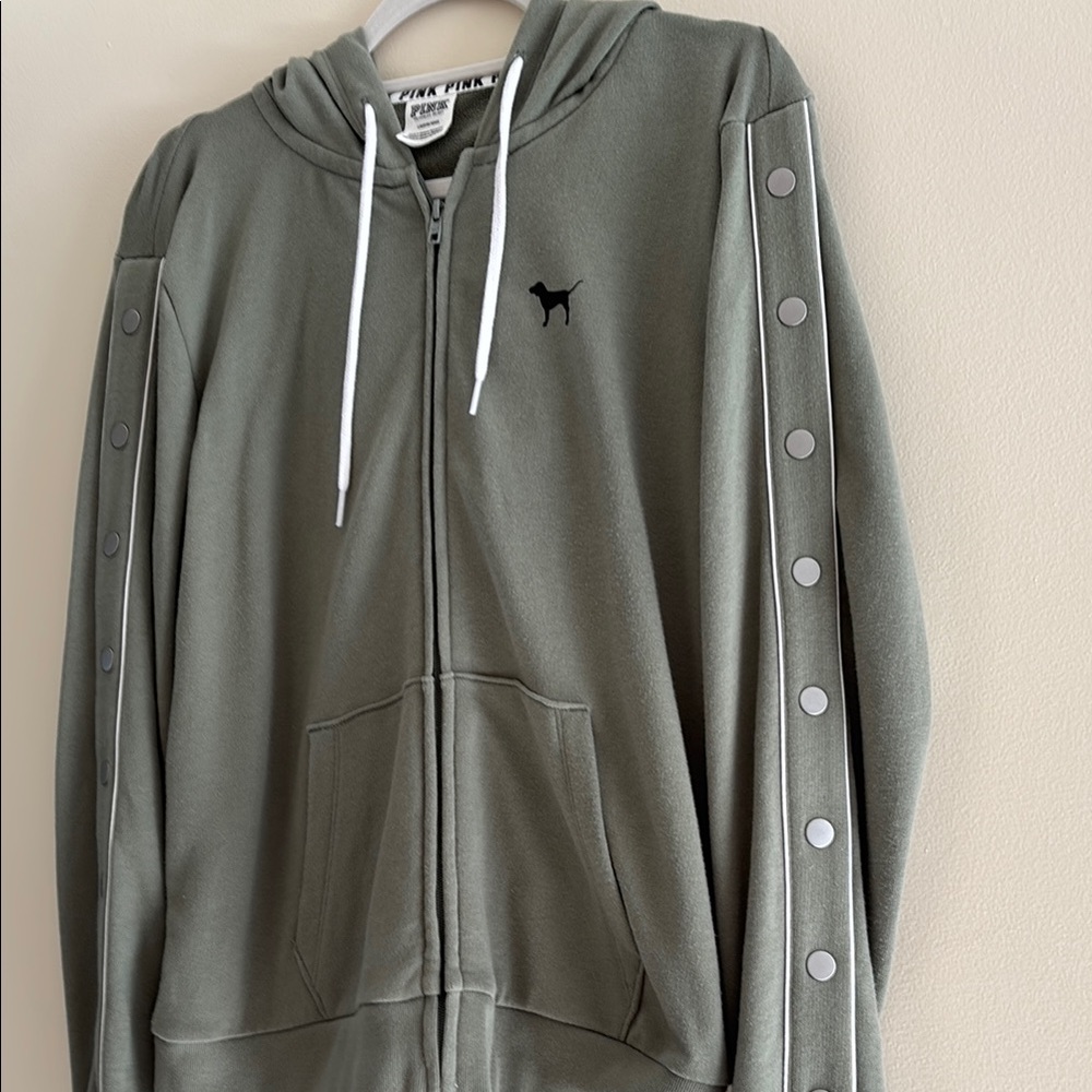 Pink by Victoria’s Secret green Zip-Up Hoodie with snap accents on sleeves. L